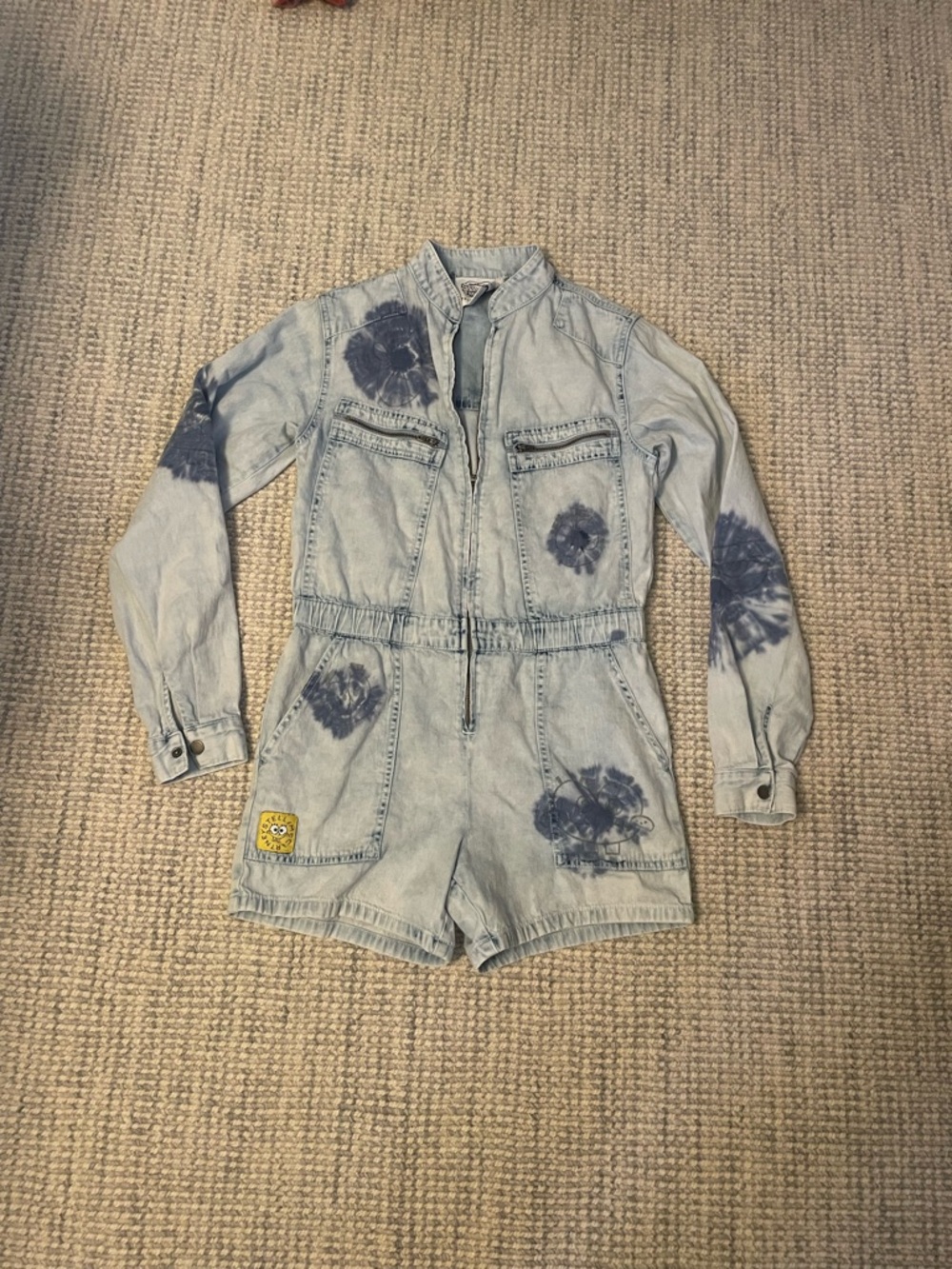 Stella McCartney Kids Light Blue Denim Romper Jacket with Navy Tie-Dye